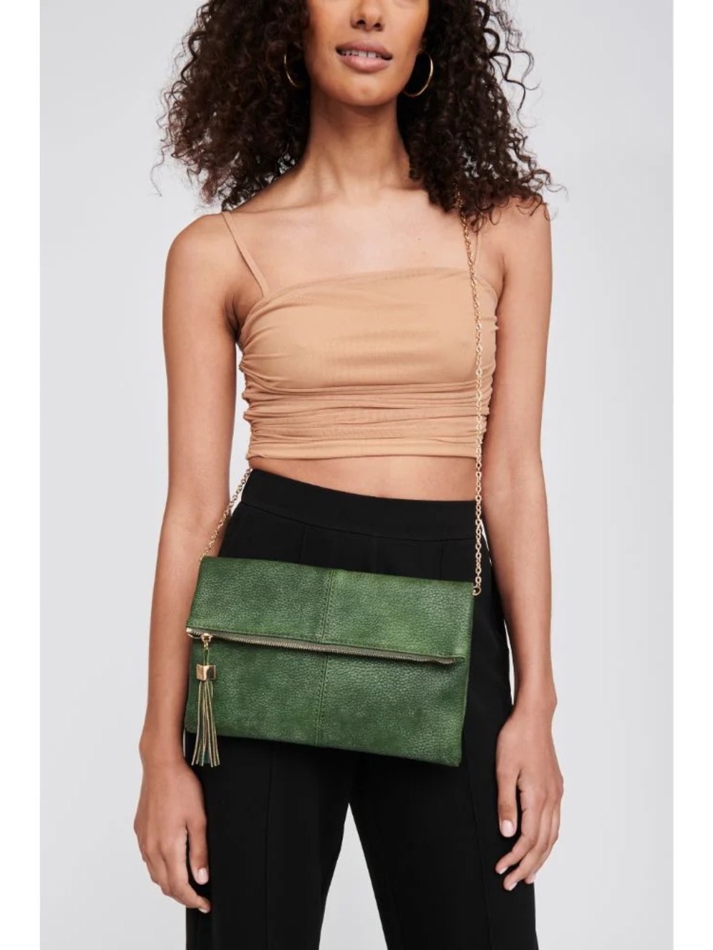 Moda Luxe Green Fold-Over Crossbody with Tassel and Gold Chain